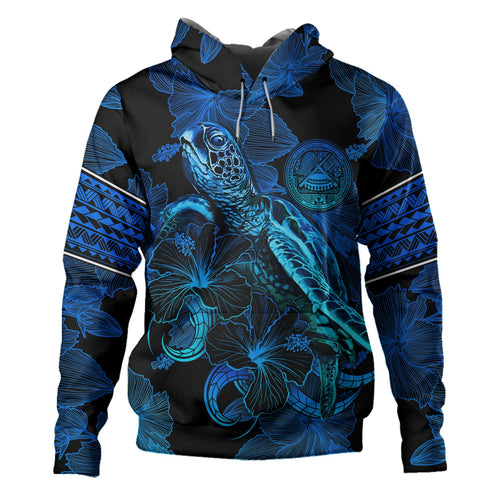 American Samoa Hoodie Sea Turtle With Blooming Hibiscus Flowers Tribal Blue