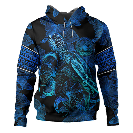 American Samoa Hoodie Sea Turtle With Blooming Hibiscus Flowers Tribal Blue