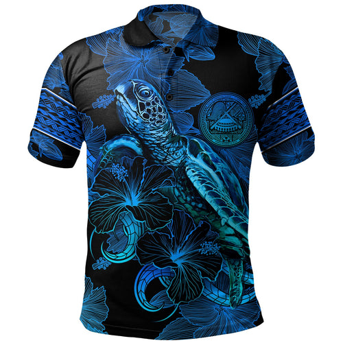 American Samoa Polo Shirt Sea Turtle With Blooming Hibiscus Flowers Tribal Blue