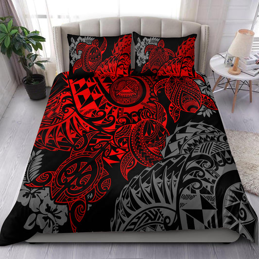 American Samoa Bedding Set - Red Turtle Hibiscus Flowing