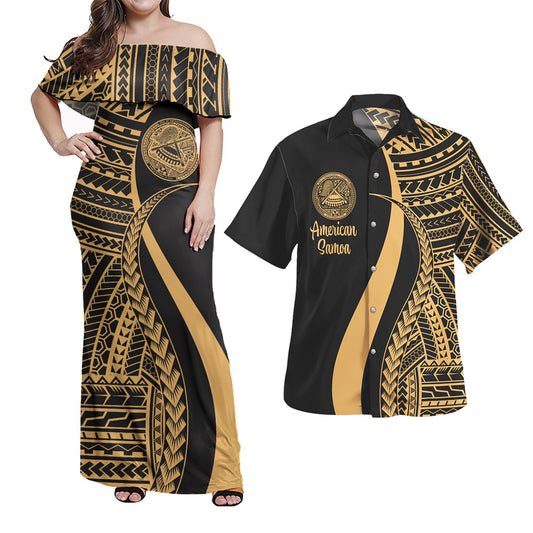 American Samoa Combo Dress And Shirt - Polynesian Tentacle Tribal Pattern Gold
