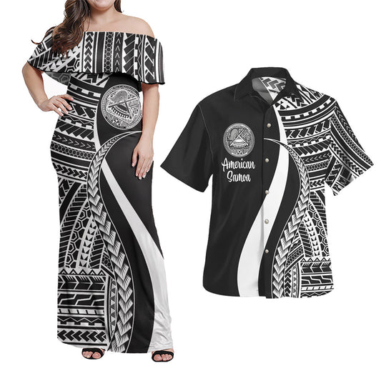 American Samoa Combo Dress And Shirt - Polynesian Tentacle Tribal Pattern White