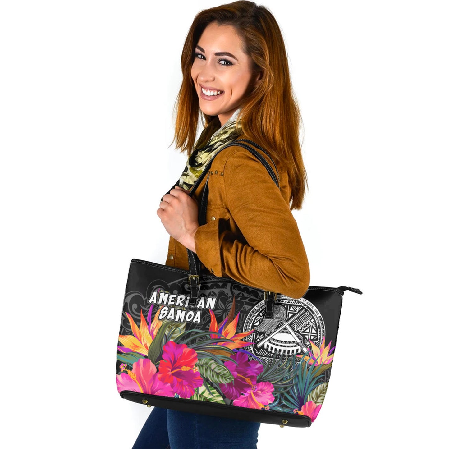 American Samoa Custom Personalised Leather Tote Polynesian Hibiscus Pattern