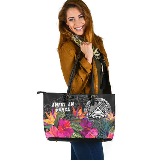 American Samoa Custom Personalised Leather Tote Polynesian Hibiscus Pattern
