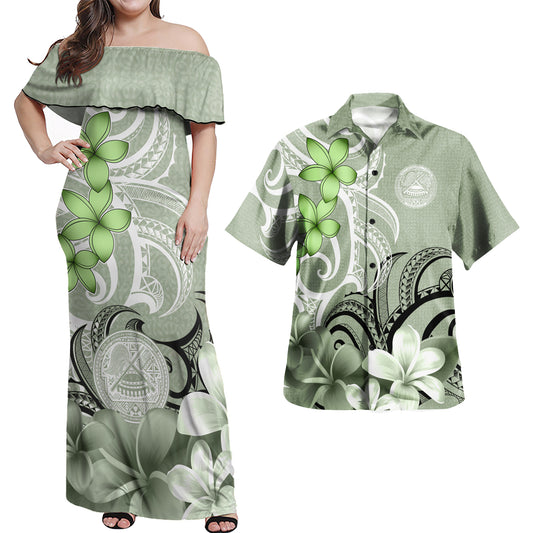 American Samoa Polynesian Pattern Combo Dress And Shirt Floral Spirit Sage Green