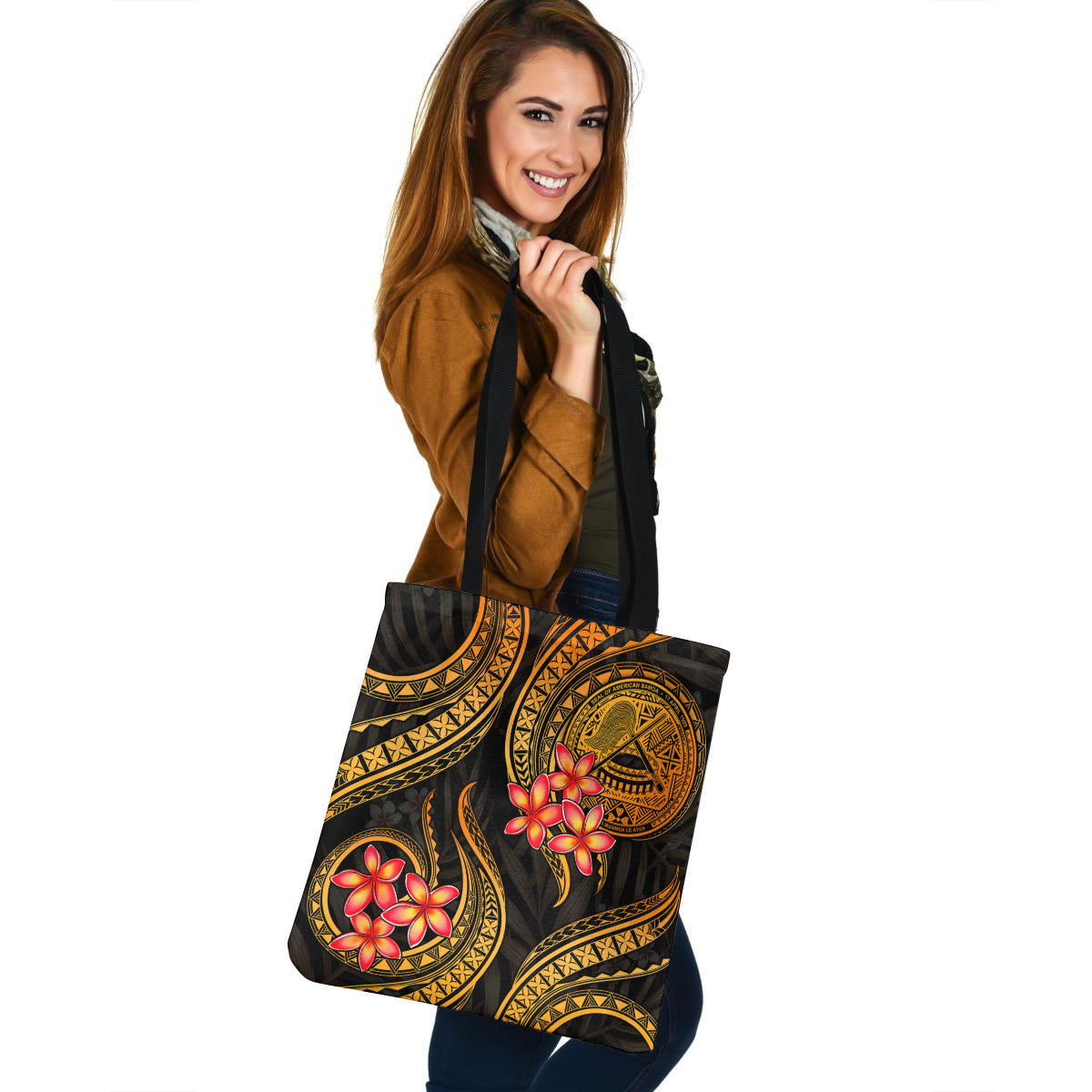 American Samoa Tote Bag Gold Polynesian Pattern Plumeria