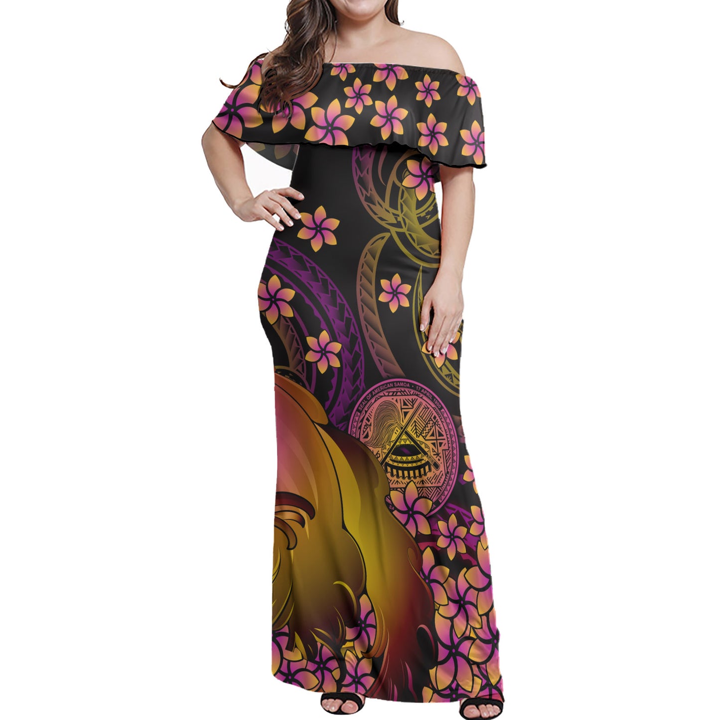 American Samoa Polynesian Pattern Combo Dress And Shirt Plumeria In Wave