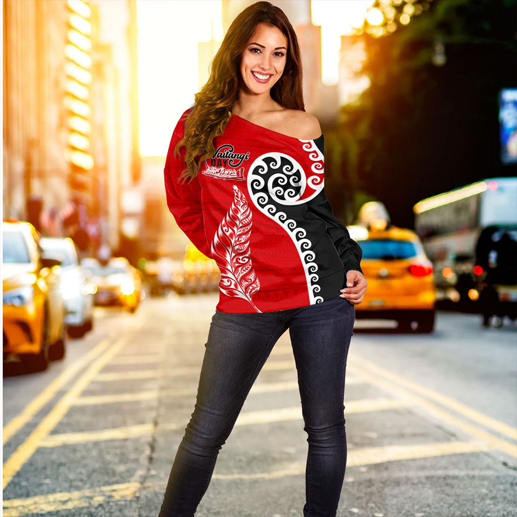 New Zealand Off Shoulder Sweatshirt Aotearoa Maori Waitangi Day