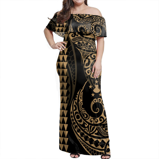 Austral Islands Off Shoulder Long Dress Kakau Style Gold