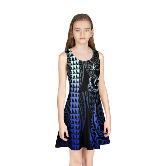 Austral Islands Girls Sleeveless Sundress Kakau Style Gradient Blue