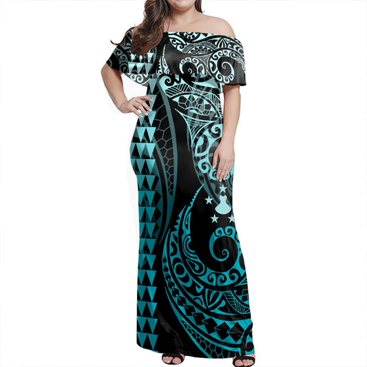 Austral Islands Off Shoulder Long Dress Kakau Style Turquoise