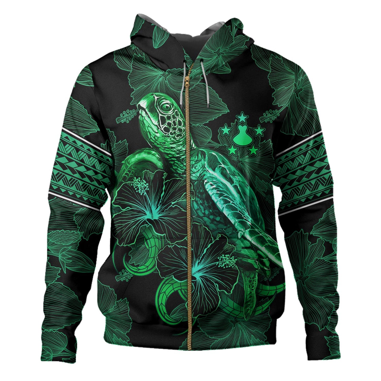 Austral Islands Hoodie Sea Turtle With Blooming Hibiscus Flowers Tribal Green
