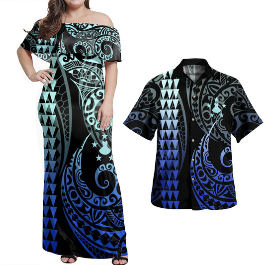 Austral Islands Combo Dress And Shirt Kakau Style Gradient Blue