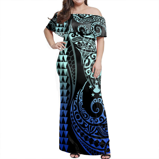 Austral Islands Off Shoulder Long Dress Kakau Style Gradient Blue