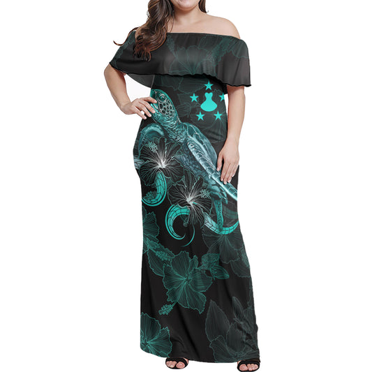 Austral Islands Woman Off Shoulder Long Dress - Austral Islands Coat Of Arms With Turtle Blooming Hibiscus Turquoise