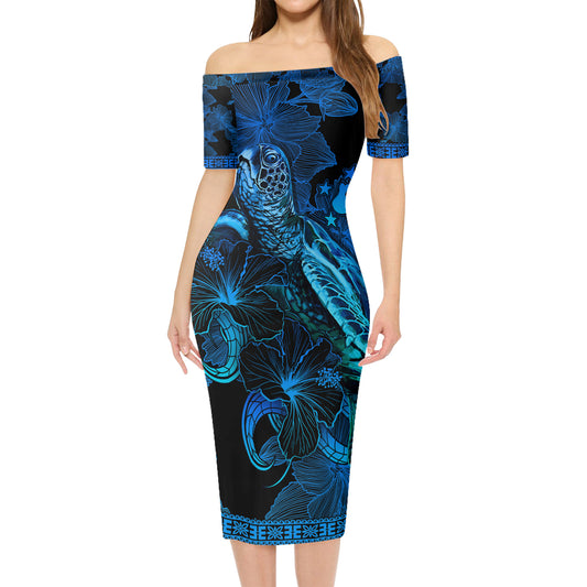 Austral Islands Short Sleeve Off The Shoulder Lady Dress Sea Turtle With Blooming Hibiscus Flowers Tribal Blue