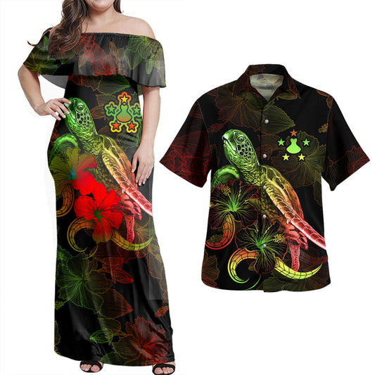 Austral Islands Combo Dress And Shirt - Sea Turtle With Blooming Hibiscus Flowers Reggae