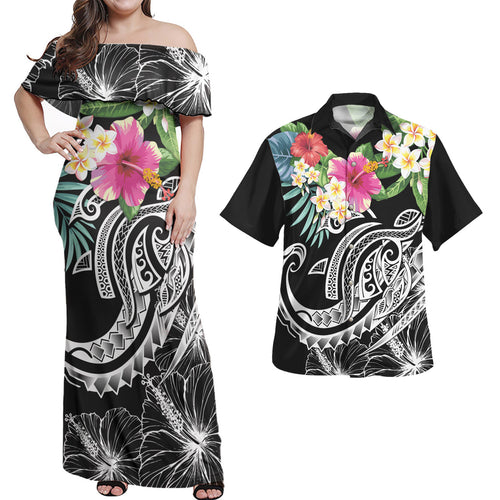 Polynesia Combo Dress And Shirt Summer Plumeria Black