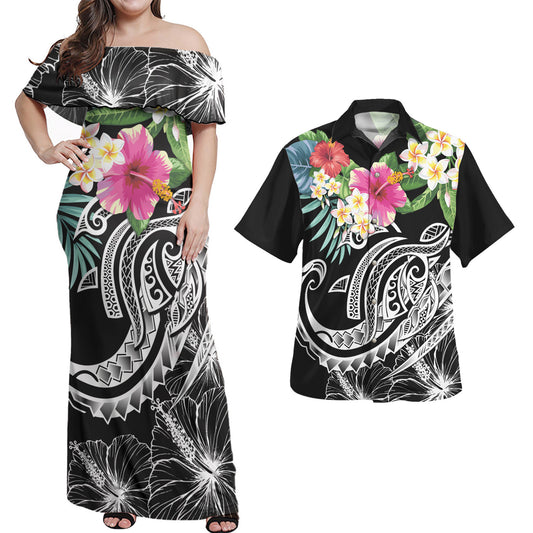 Polynesia Combo Dress And Shirt Summer Plumeria Black