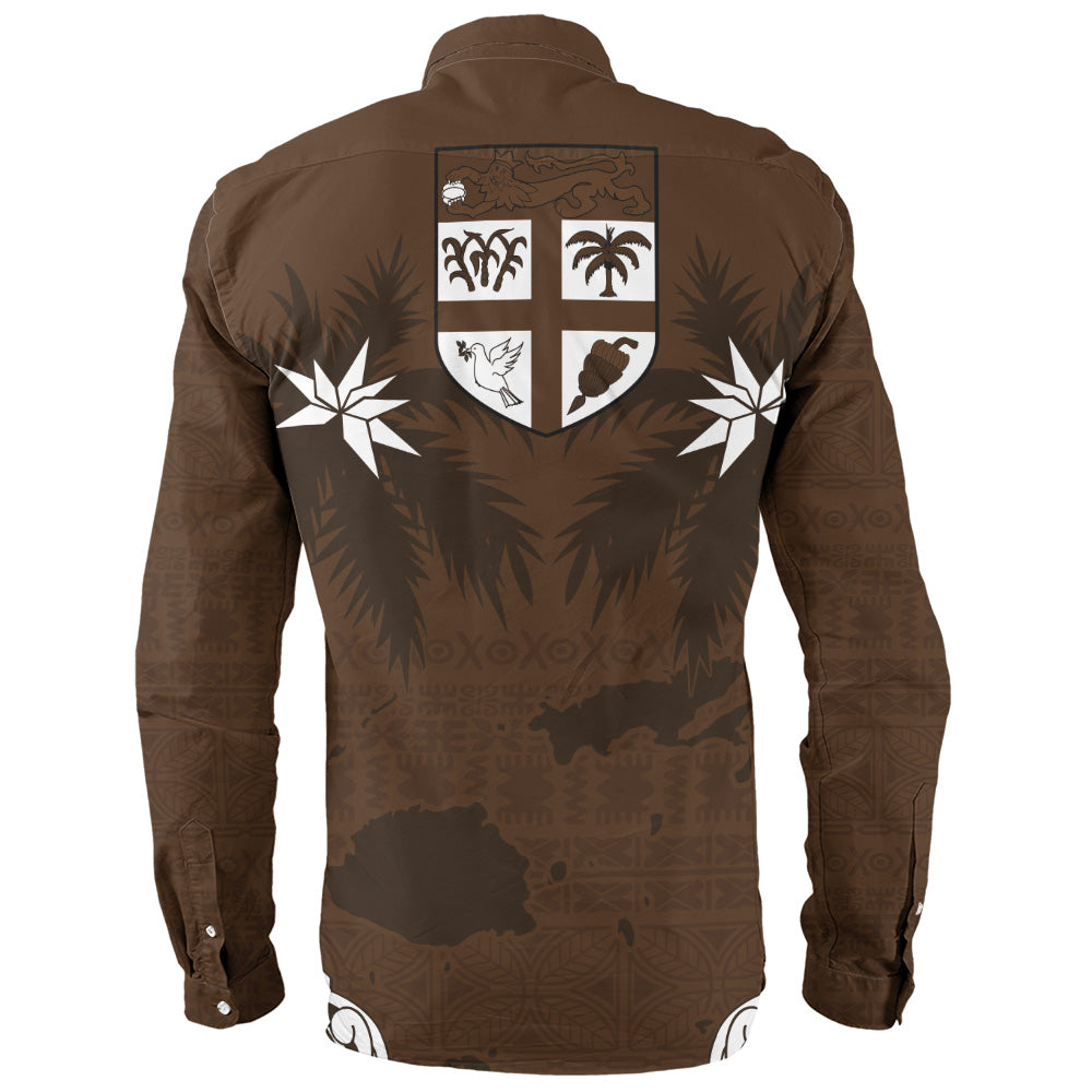 Fiji Long Sleeve Shirt Coat Of Arms Flag Islands Brown Tapa Style