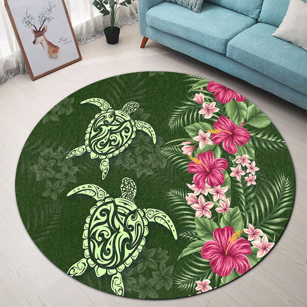Hawaii Round Rug Polynesian Sea Turtle Hibiscus Tropical Style