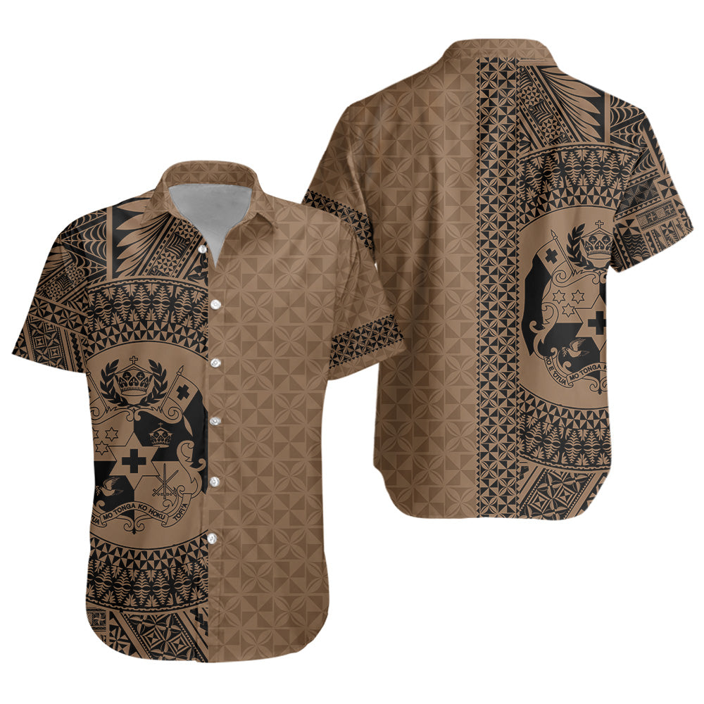Tonga Short Sleeve Shirt Coat Of Arms Ngatu Tapa Heritage Style