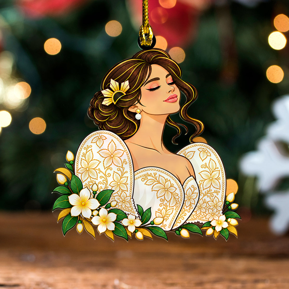 Philippines Filipinos Acrylic And Wooden Ornament Elegant Filipiniana Dress Sampaguita Floral Design