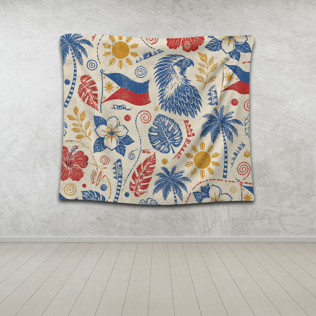 Philippines Filipinos Tapestry Eagle Sun Flag Tropical Floral Vintage Stamp Style