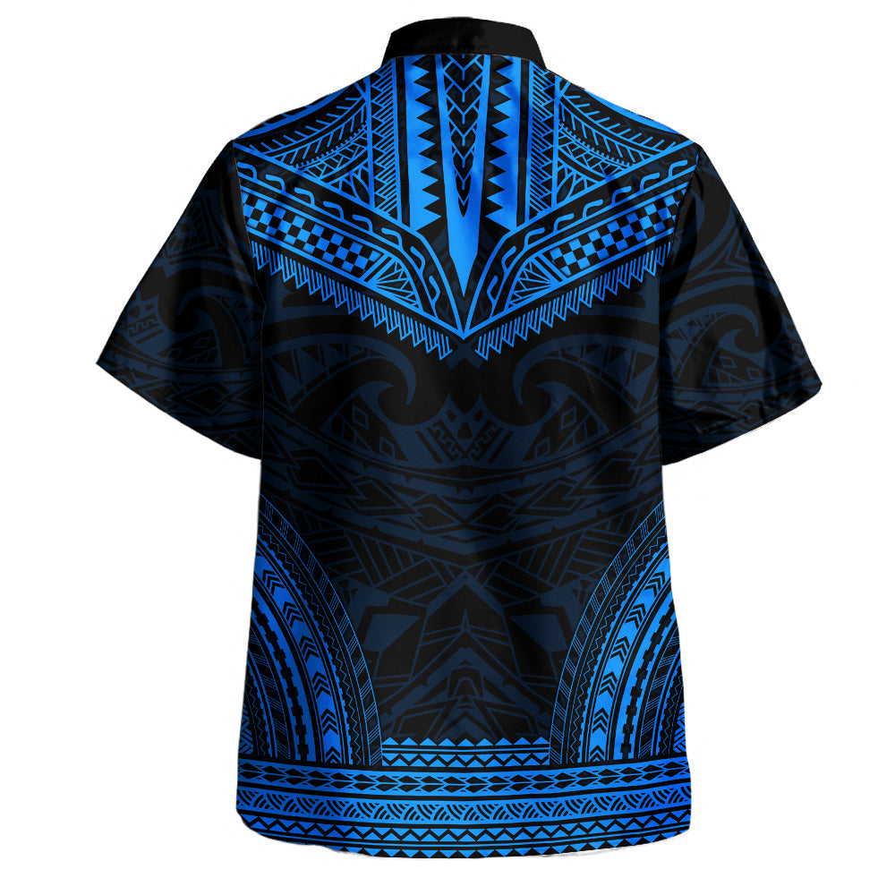 Custom Brocade Shirt Polynesian Chief Tattoo Blue
