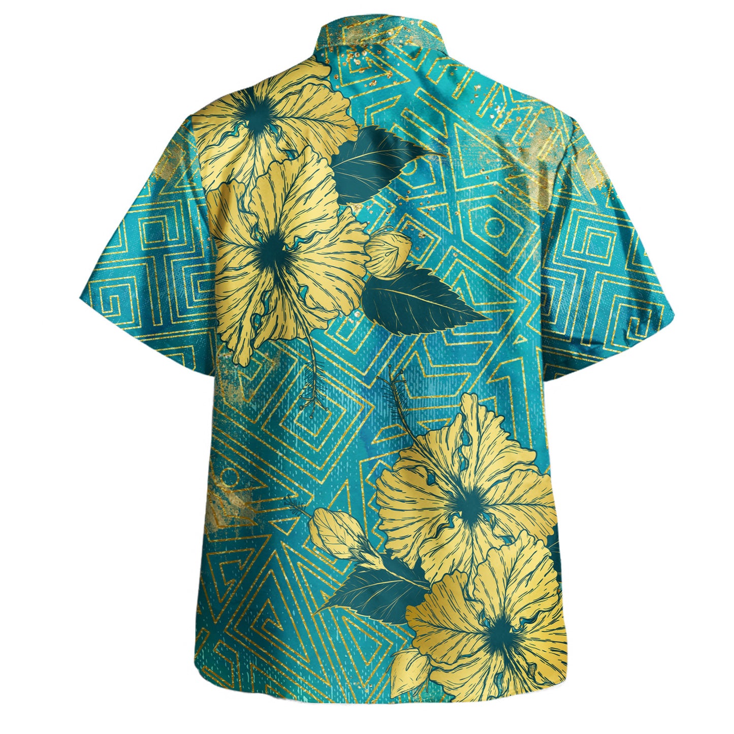 Hawaii Hawaiian Shirt Golden Hibiscus Turquoise Color Tribal Pattern