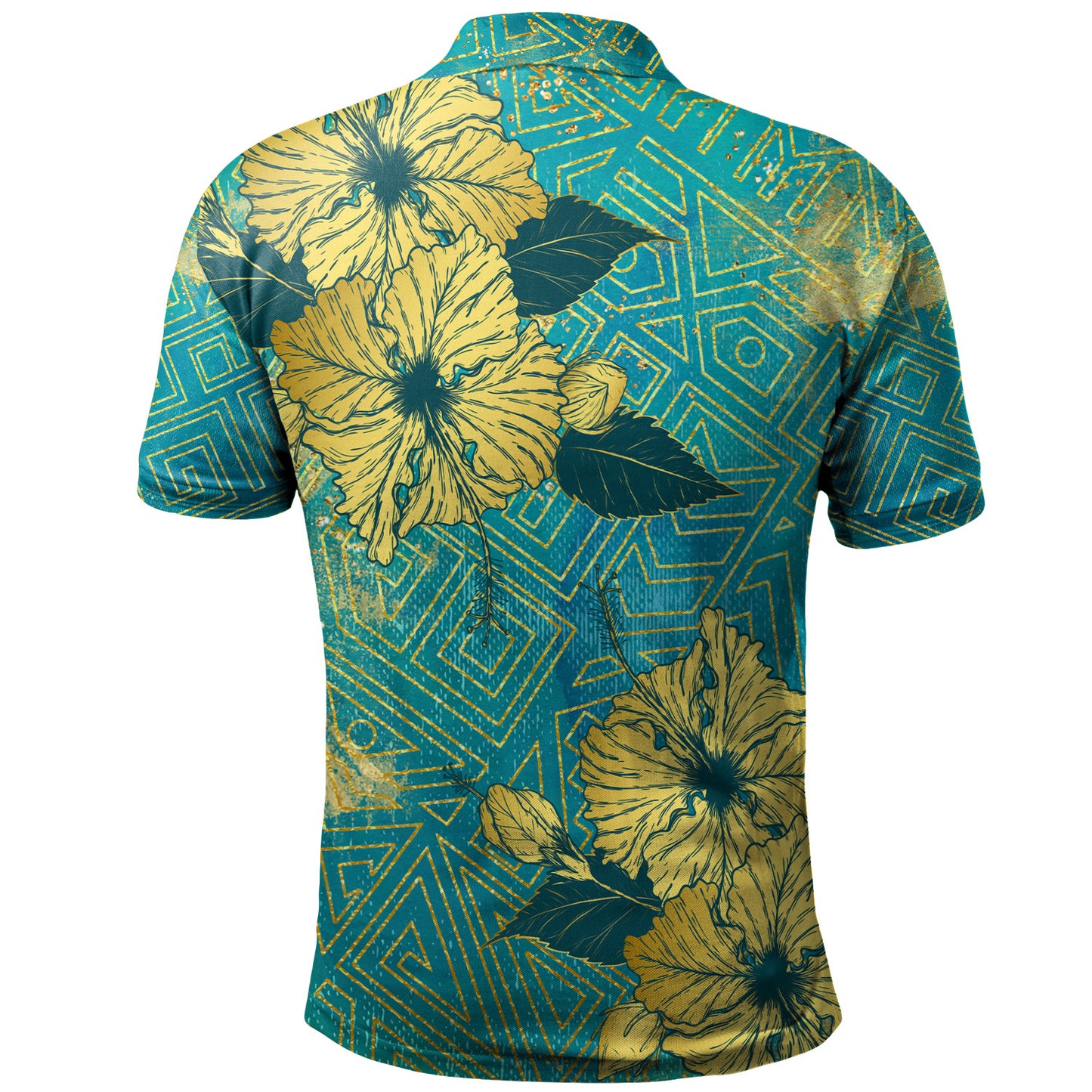 Hawaii Polo Shirt Golden Hibiscus Turquoise Color Tribal Pattern