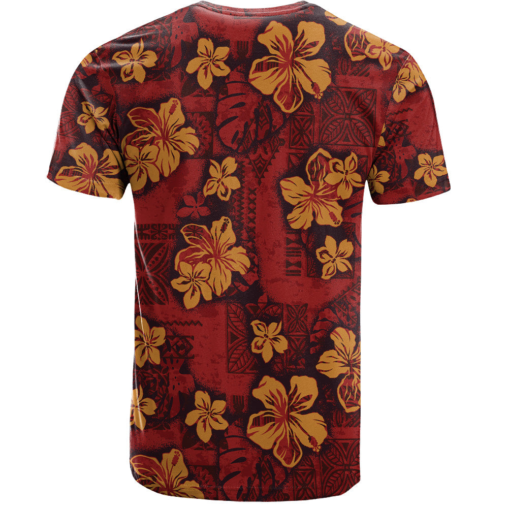 Hawaii T-Shirt Polynesian Tribal And Hibiscus Vintage Red Gold
