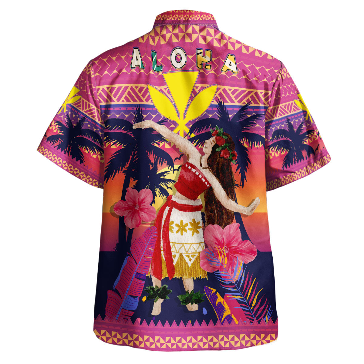 Hawaii Polynesian Combo Dress And Hawaiian Shirt - Aloha Hula Girl Dancing In Tropical Palm Trees At Sunset Kakau Style