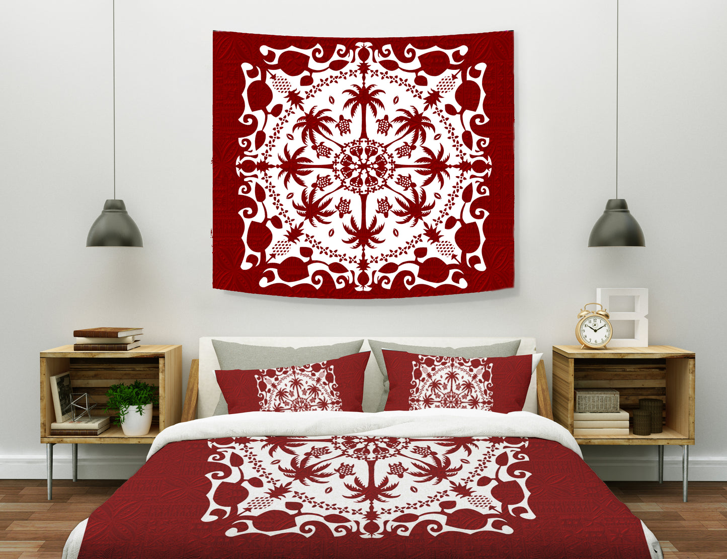 Hawaii Tapestry Red Hawaii Pattern Palm Trees and Turtles Polynesian