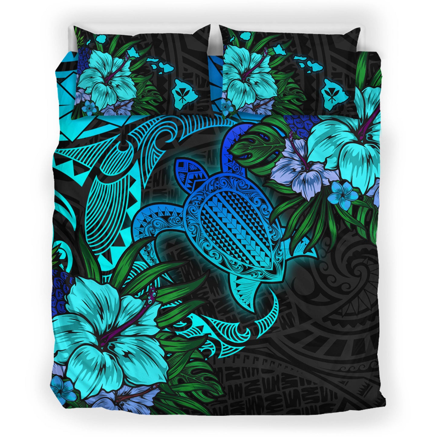 Hawaii Bedding Set - Hawaii Polynesian Turtle Tropical Blue Gardient Blue Bedding Set