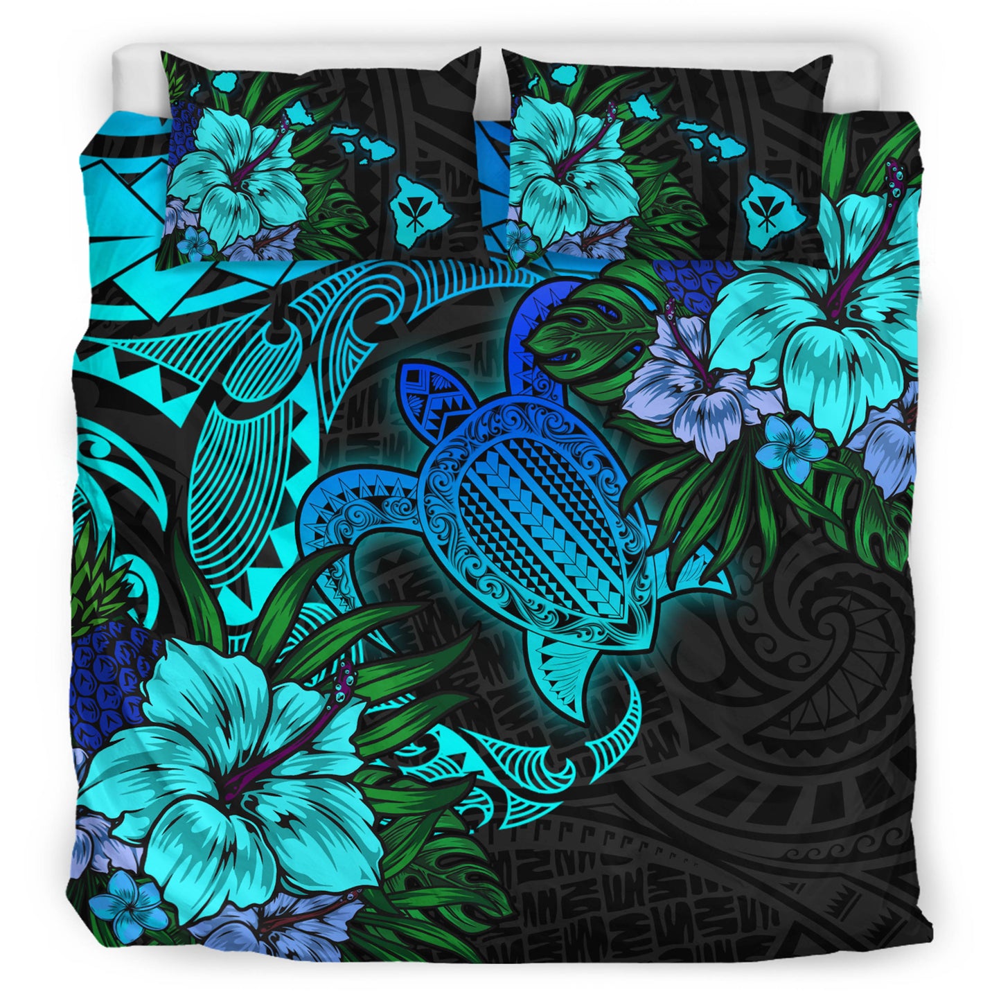 Hawaii Bedding Set - Hawaii Polynesian Turtle Tropical Blue Gardient Blue Bedding Set