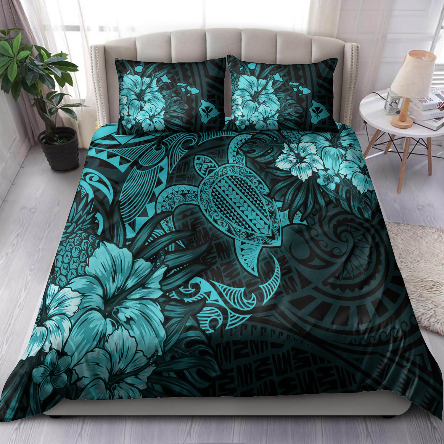 Hawaii Bedding Set - Hawaii Polynesian Turtle Tropical Turquoise Bedding Set