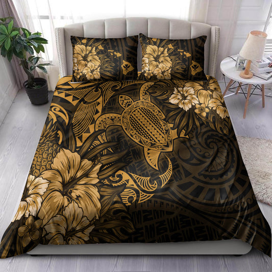 Hawaii Bedding Set - Hawaii Polynesian Turtle Tropical Golden Bedding Set
