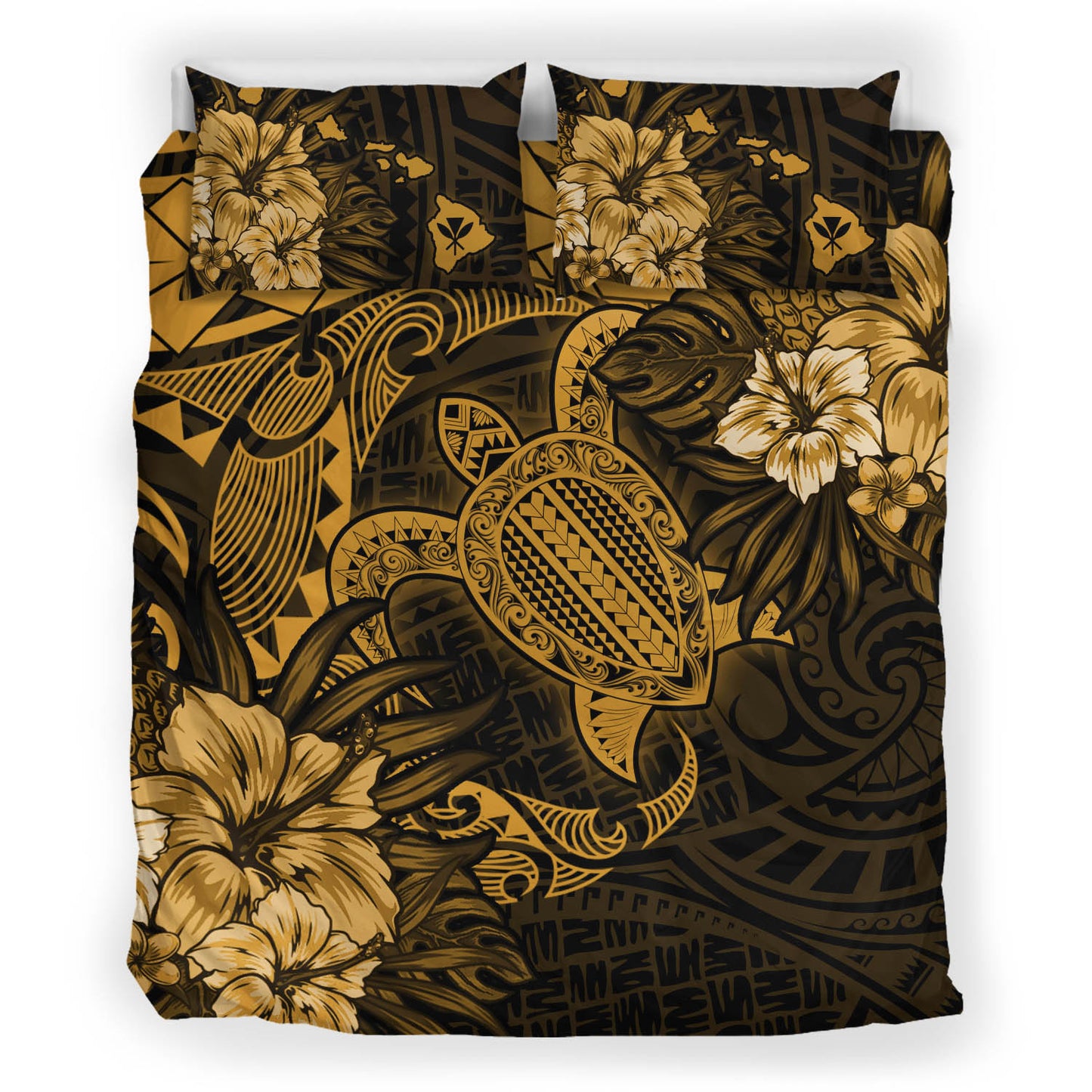 Hawaii Bedding Set - Hawaii Polynesian Turtle Tropical Golden Bedding Set