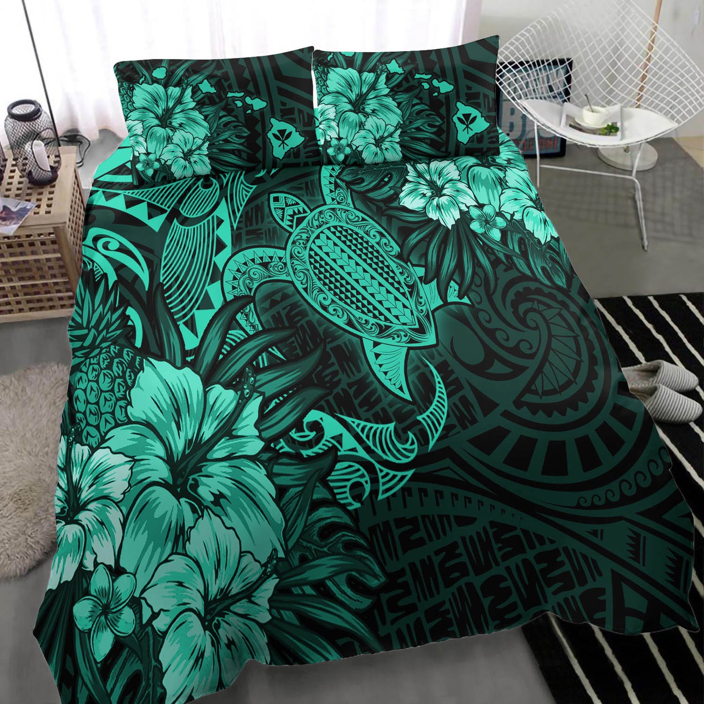 Hawaii Bedding Set - Hawaii Polynesian Turtle Tropical Patina Green Bedding Set