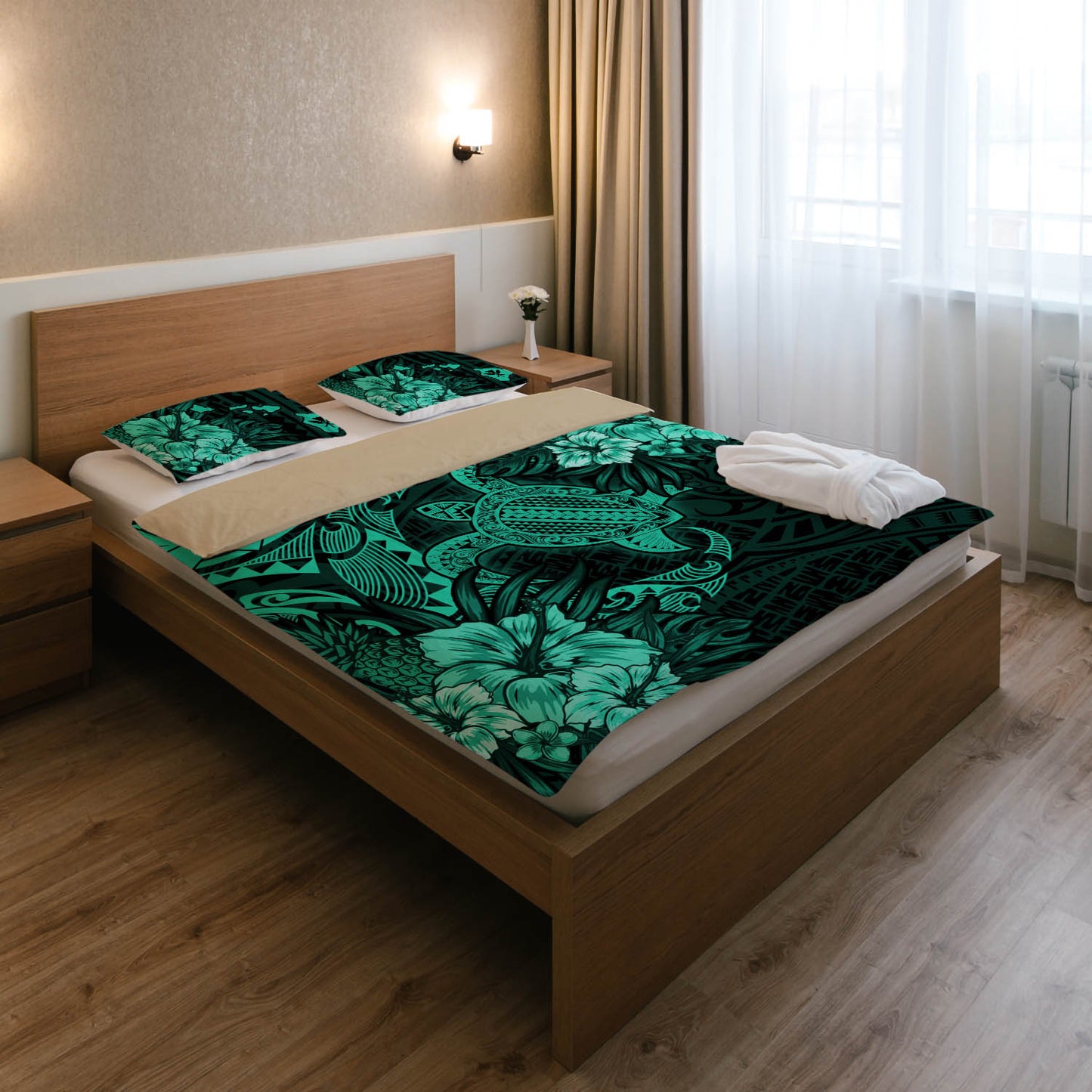 Hawaii Bedding Set - Hawaii Polynesian Turtle Tropical Patina Green Bedding Set