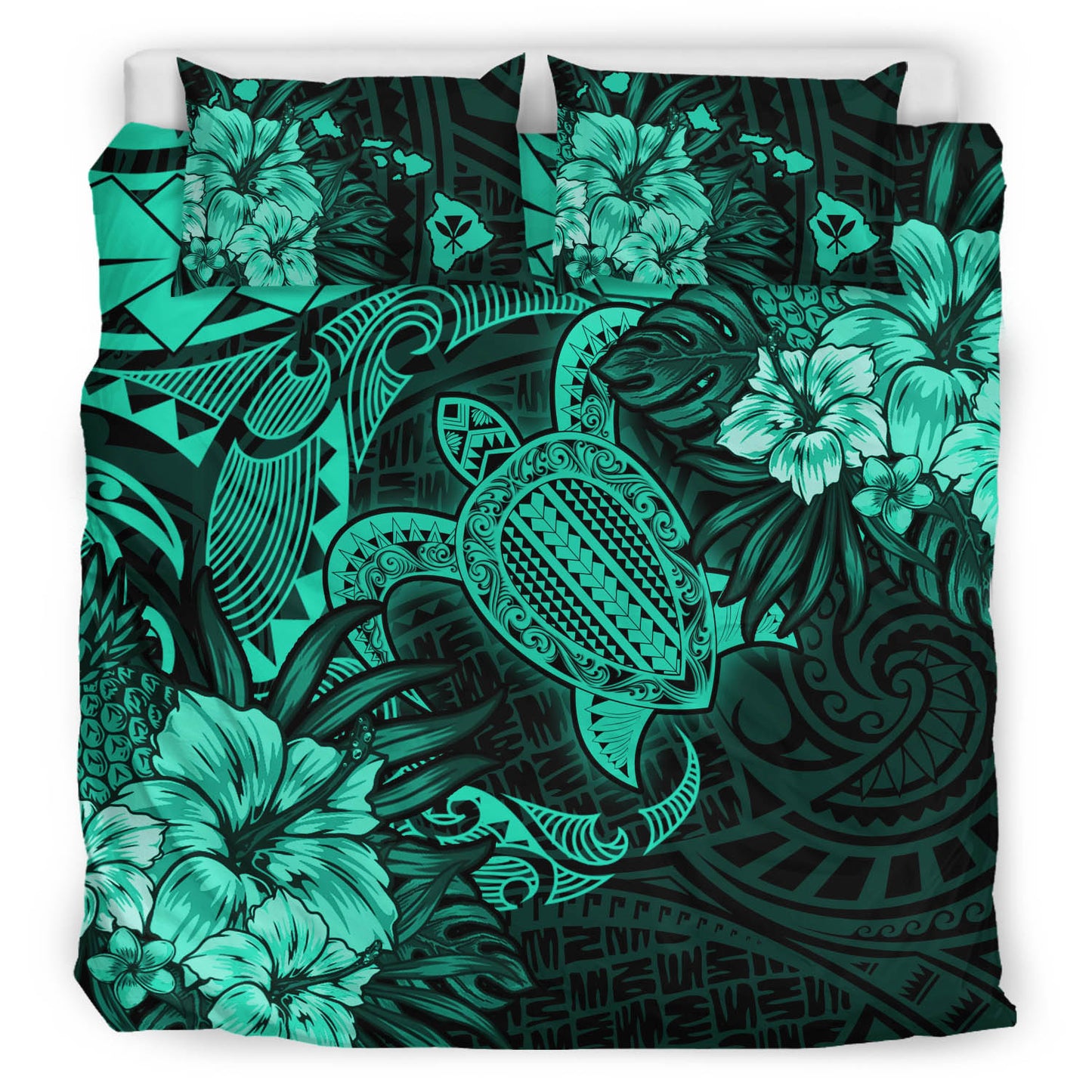 Hawaii Bedding Set - Hawaii Polynesian Turtle Tropical Patina Green Bedding Set