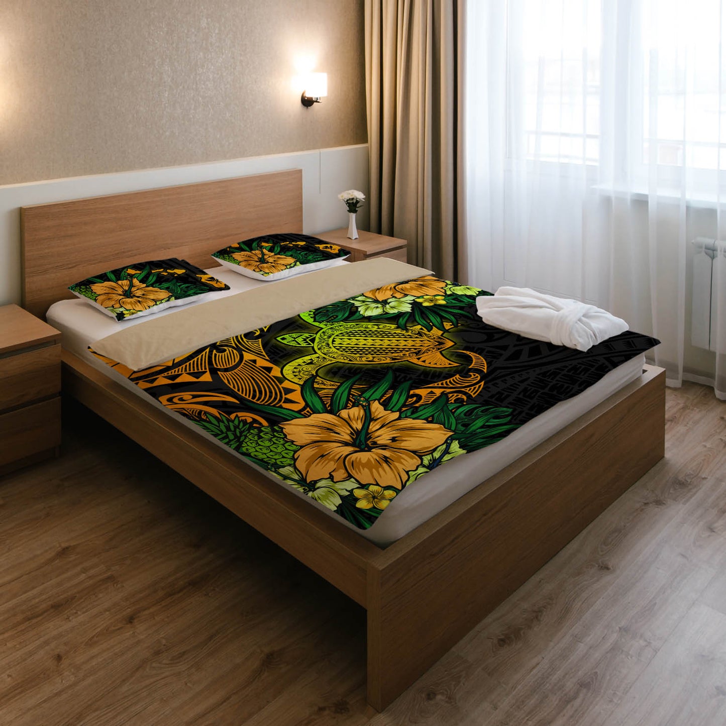 Hawaii Bedding Set - Hawaii Polynesian Turtle Tropical Gardient Yellow Bedding Set