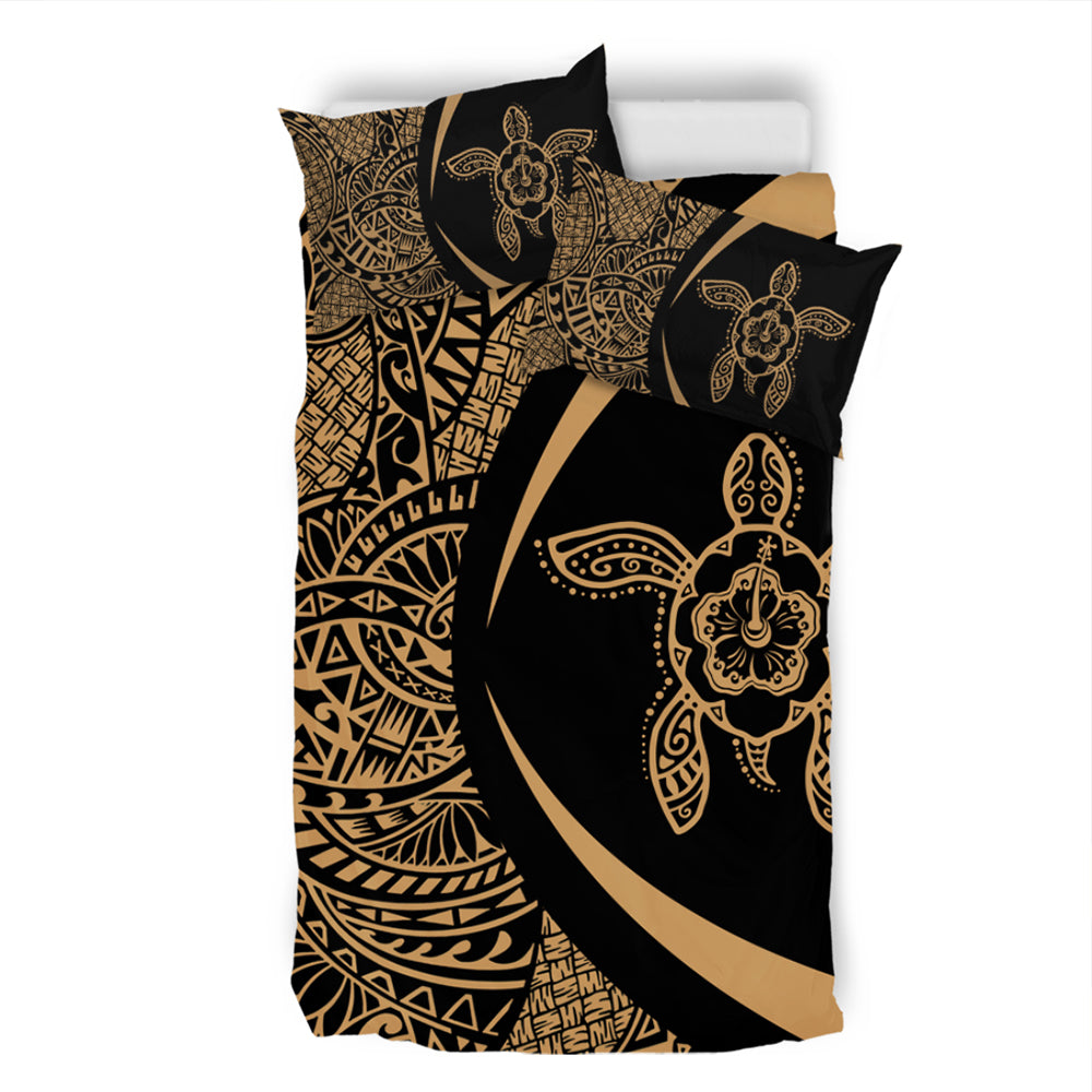 Hawaii Bedding Set Turtle Hibiscus Lauhala Black Gold Circle