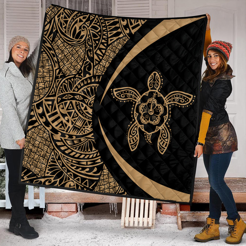 Hawaii Premium Quilt Turtle Hibiscus Lauhala Black Gold Circle