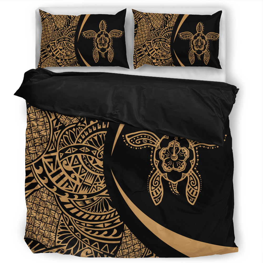 Hawaii Bedding Set Turtle Hibiscus Lauhala Black Gold Circle