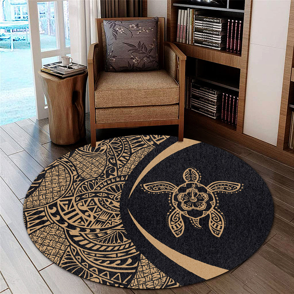 Hawaii Round Rug Turtle Hibiscus Lauhala Black Gold Circle