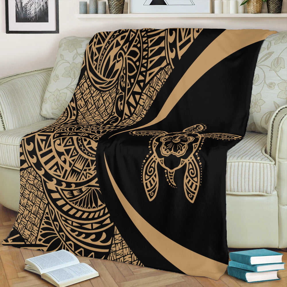 Hawaii Premium Blanket Turtle Hibiscus Lauhala Black Gold Circle