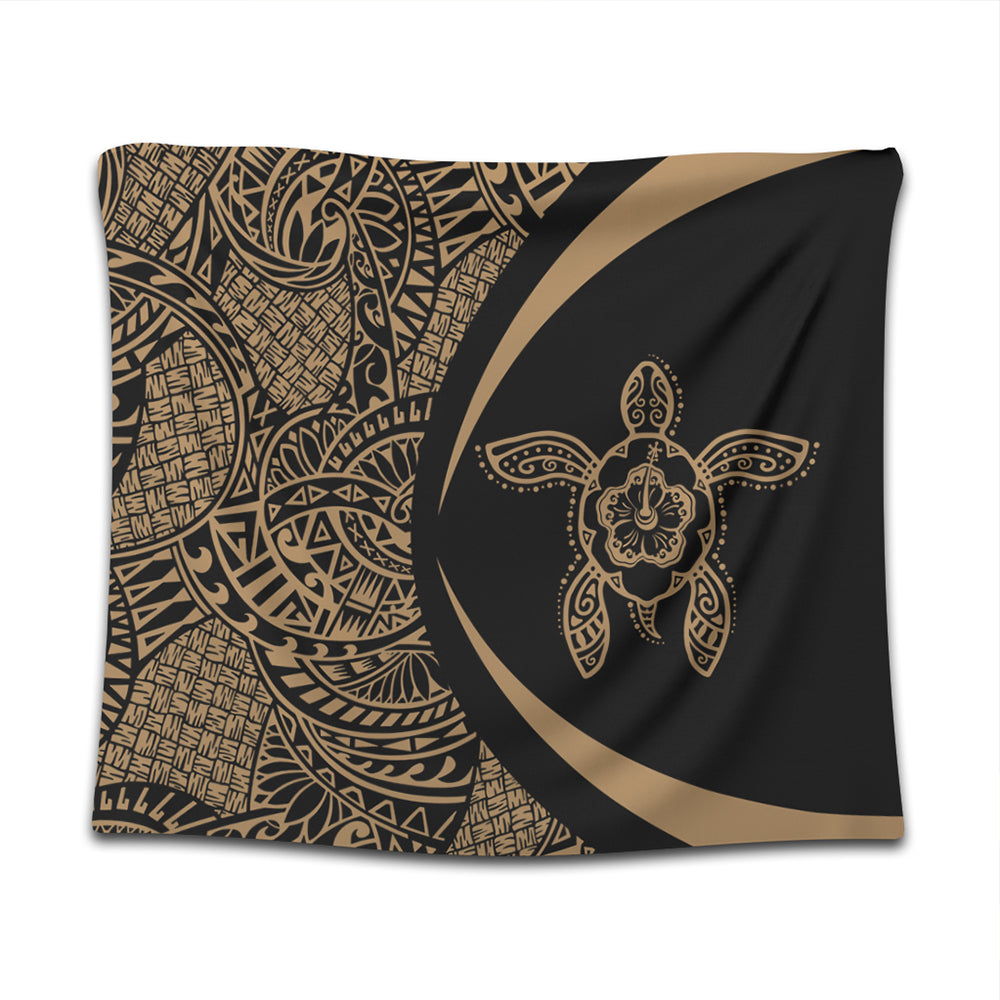 Hawaii Tapestry Turtle Hibiscus Lauhala Black Gold Circle