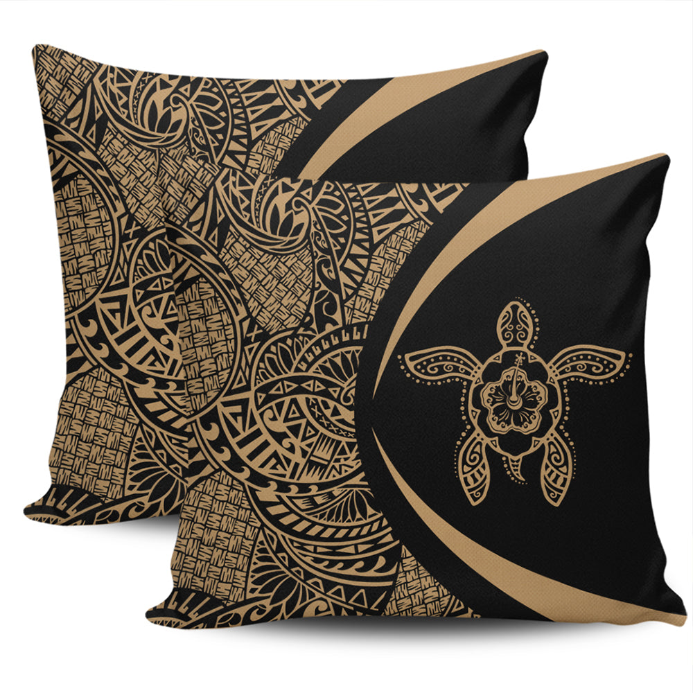 Hawaii Pillow Cover Turtle Hibiscus Lauhala Black Gold Circle